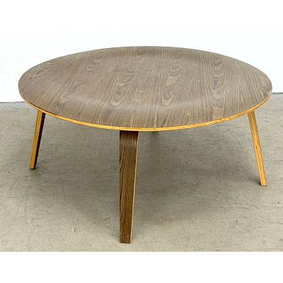 Round Eames style Coffee Table. Molded wood dish top with bent wood legs. Dimensions: Height: 