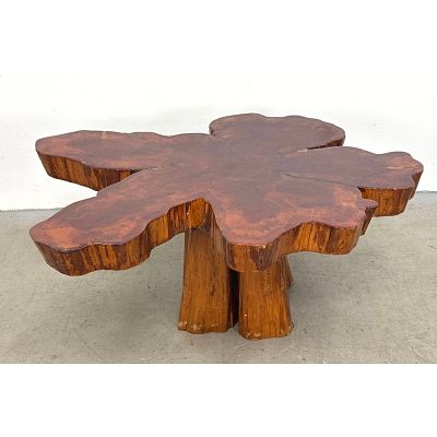 Single Slab Redwood Live Edge Coffee Table on Stump Pedestal Base Dimensions: Height: 16.5 