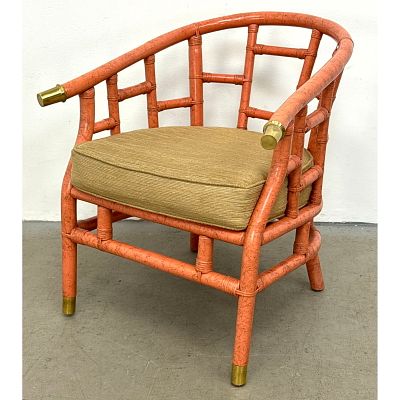 Ficks Reed Style Faux Bamboo Rattan Armchair with Coral Lacquer Finish and Brass Accents 