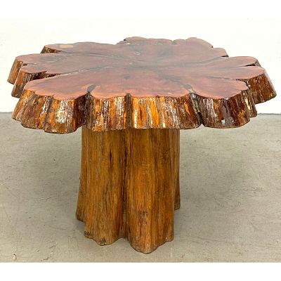 Single Slab Live Edge Wood Occasional Table featuring a Fluted Stump Base and Resin finish 