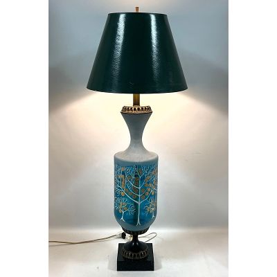 Mid-Century Modern Frosted Turquoise Art Glass Tree of Life Table Lamp with Textured Neck and 