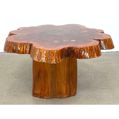 American rustic modern live edge redwood and burl slab pedestal coffee table Dimensions: 