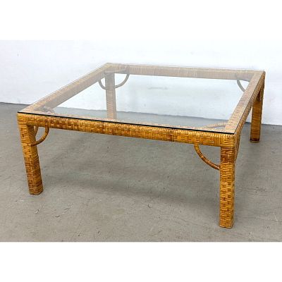 Rattan Wrapped Square Coffee Table with Glass Top. Bielecky Brothers style. Unmarked. 