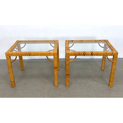 Pair Rattan Wrapped Square Side Tables with Inset Glass Tops in the style of Bielecky Brothers 