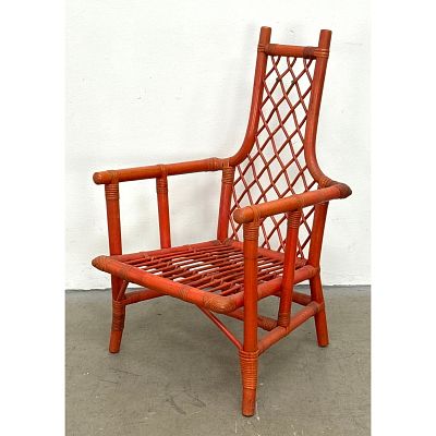 Tommi Parzinger for Willow and Reed Mid Century Modern Rattan High Back Armchair with Red 