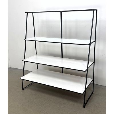Modern Industrial 4 Tier Tapered Black Metal and White Wood Etagere Shelving Unit with 