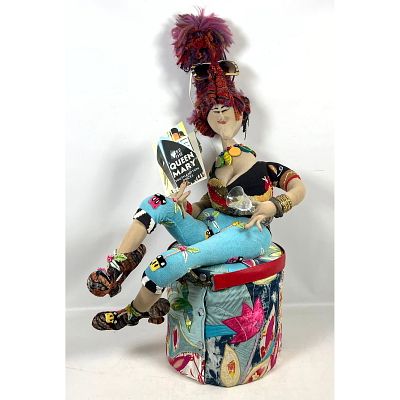Kent Epler Mixed Media Fiber Art Soft Sculpture Bernice 2014 Seated on Quilted Drum Base with 