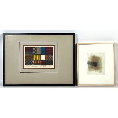 2pc lot of abstract art on paper including Rosalyn Stern signed print and JKB 00 mixed media 