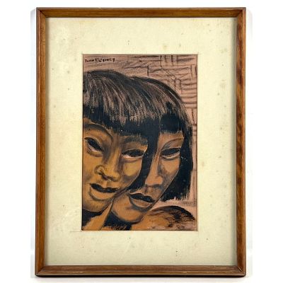 Juan DePrey Original Mixed Media Drawing Of Overlapping Faces Signed Framed Under Glass 