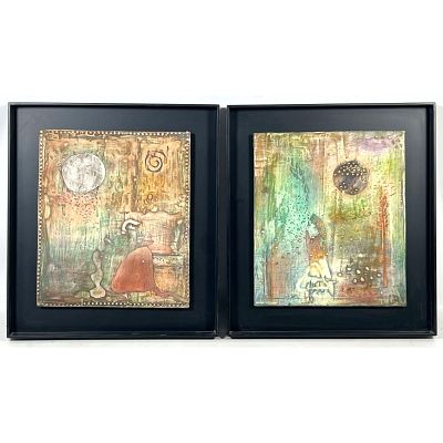 Pair Cynthia Fusillo Mixed Media on Wood Panel Paintings titled Looking For You Under the Moon 