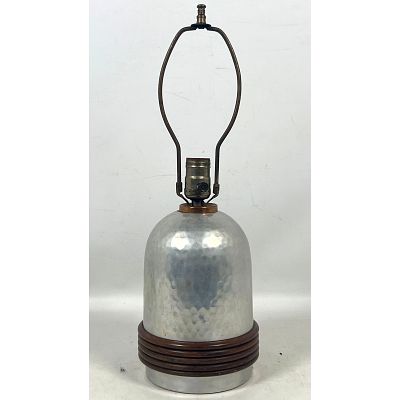 French Art Deco Style Hammered Aluminum Table Lamp with Stacked Wood Ring Base and Levolier 
