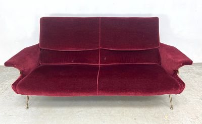 Designer Italian Brass Frame Sofa in The style Gio Ponti. Good shaped form with exposed brass 