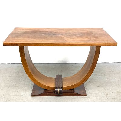 French art deco Burl wood Console accent table (1940s) Dimensions: Height: 23.25 inches, Width: 