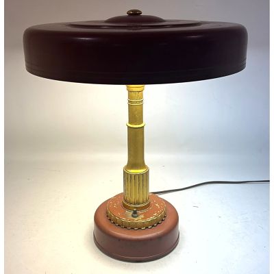 Mid Century Modern Globe Lighting UFO Flying Saucer Desk Lamp Burgundy Metal Brass Finish 
