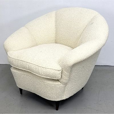 Italian Modern Lounge Chair. Upholstered Cream Boucle Armchair with Tapered Wooden Legs and 