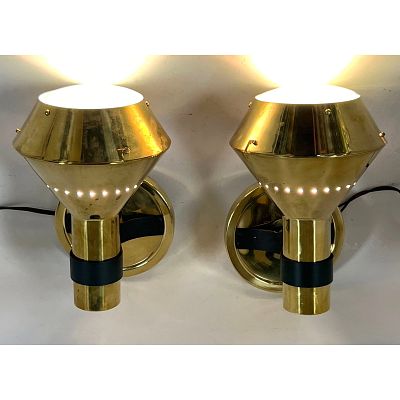 Pair Italian Brass wall sconces by Candle. Frosted glass inserts. Dimensions: Height: 9.5 