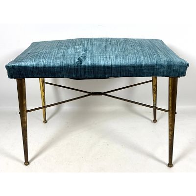 Italian Modern Brass Frame Stool Bench. X base design. Tapered Legs. Dimensions: Height: 15 