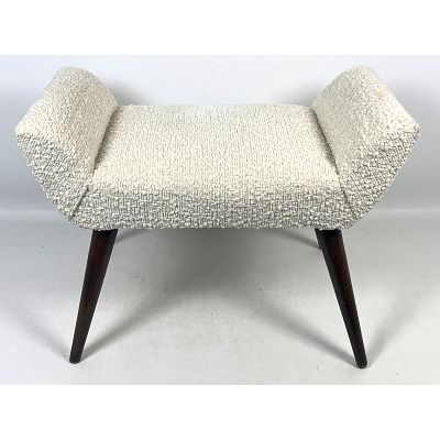 Italian Mid Century Modern Small Size Stool Ottoman. Off White Boucle Fabric tapered wood legs. 