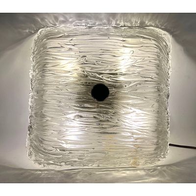 Toni Zuccheri for Venini Bambu Series Large Square Textured Ice Glass Flush Mount Ceiling Light 