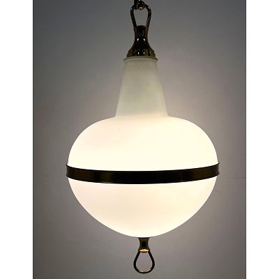 Italian Mid Century Frosted Glass Pendant Chandelier. Dimensions: Height: 24 inches, Width: 14 