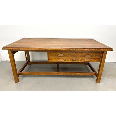 Large Vintage Industrial Solid Oak Adjustable Tilting Drafting Table with 3 Drawer Unit and 7 