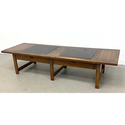 Mid-Century Modern Oak Coffee Table with 2 Inset Panels and 2 Drawers Dimensions: Height: 16 