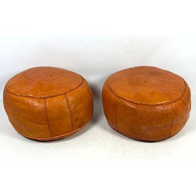 Pair of Traditional Moroccan Hand Tooled Cognac Leather Poufs with Geometric Star Pattern 