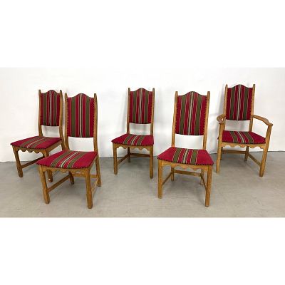 Set 5 Danish Oak High Back Dining Chairs. Henning Kjarnulf with Striped Upholstery and 