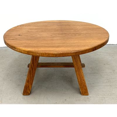 Pierre Chapo Style Mid-Century Modern Round Rustic Brutalist Solid Oak Coffee Table Dimensions: 
