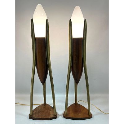 Pr Modeline Walnut and Brass Modernist Lamps. Space Age Modern Form has three spun gold tone 