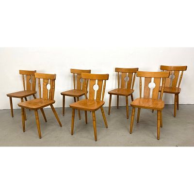 Set 8 French Alsace Regional style blonde dining side chairs in the style of Goran Malmvall mid 