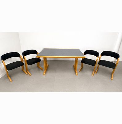 Post modern dining set. Wood and laminate with 4 Skovby Mobelfabrik cantilever dining chairs. 