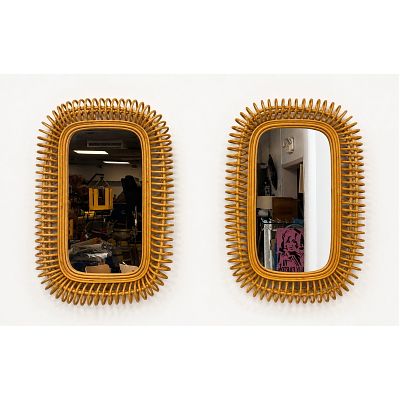 Pair Rectangular Rattan Wall Mirrors in the Style of Franco Albini. Loop wrapped design. 