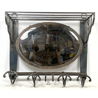 French Wrought Iron Entry Mirror Coat Rack. Wall Mount. Dimensions: Height: 22.5 inches, Width: 