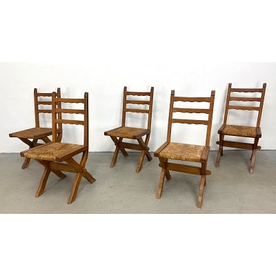Set 5 French Country Oak and Rush X-Legged Dining Chairs in the Brutalist style. Unsigned. 