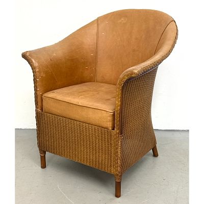 Vincent Sheppard Lloyd Loom Tub Lounge Chair with Cognac Leather Upholstery Retailed by Janus 