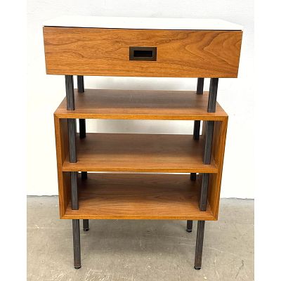 Chilewich Oiled Walnut and Metal 1 Drawer 3 Tier Display Cabinet Table with Molded Composite 