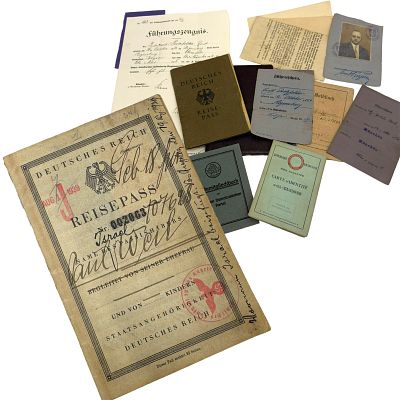 Third Reich German Jewish Passport Grouping for man who escaped Nazi Germany. Included are his 