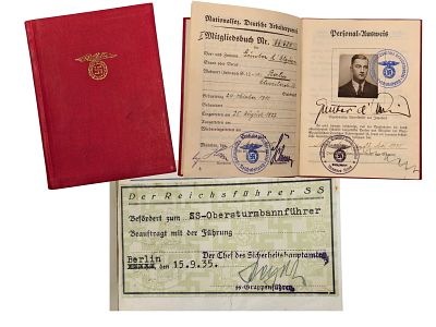 NSDAP Party Membership Book for Gunter d'Alquen with Heydrich Signed Promotion Page. Incredible 
