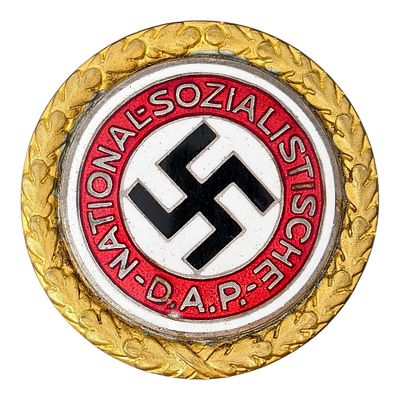 NSDAP Golden Party Badge #6705 in near mint condition. Extremely low number in the larger 30mm 