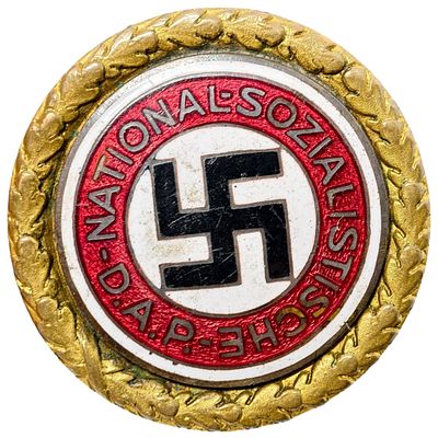 Named NSDAP Golden Party Badge for Ernst Beissner who was an SA leader. 
Ernst Beißner was born 