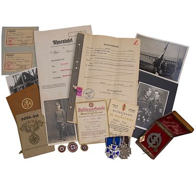 NSDAP Golden Party Badge + Medals and Documents Grouping for NSKK-Hauptsturmfuhrer. Awards 