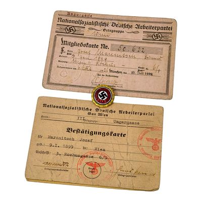 NSDAP Golden Party Badge + Membership Cards for Austrian. Included are the badge numbered 50 