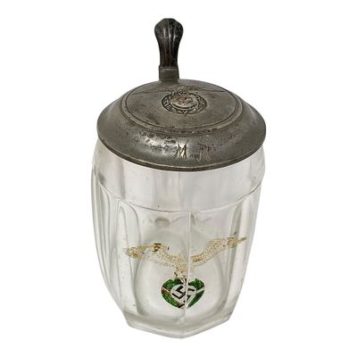 Early NSDAP Glass Beer Mug with metal lid. The lid has a period (but added later) NSDAP emblem 