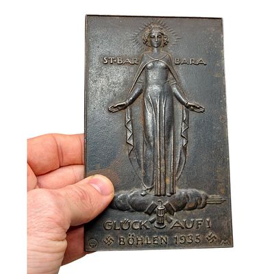 German Mining Commemorative Plaque – St. Barbara, Bohlen 1935. Cast metal commemorative plaque 