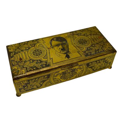 Adolf Hitler Tobacco Box. Third-Reich brass finish footed tobacco box. Lid has an engraved 