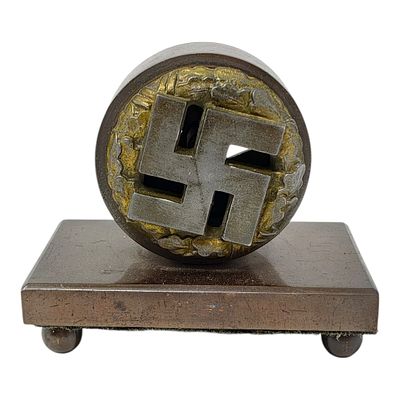 Early Heavy Decorative Swastika Desk Ornament. The wreath and swastika have a gold gilding 
