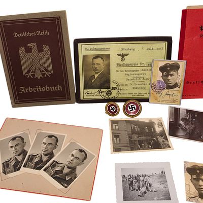 NSDAP Golden Party Badge Set for Blood Order Recipient from Nuremberg. This extensive archive 