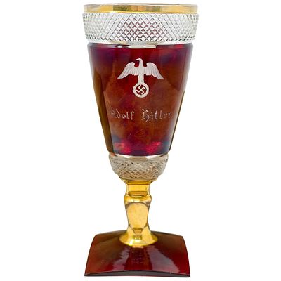 Glass Goblet with "Adolf Hitler" Engraving and Eagle/Swastika Motif. Glass goblet with a conical 