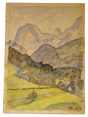 Alpine Landscape Watercolor Painting by Julius Streicher. This alpine landscape watercolor 